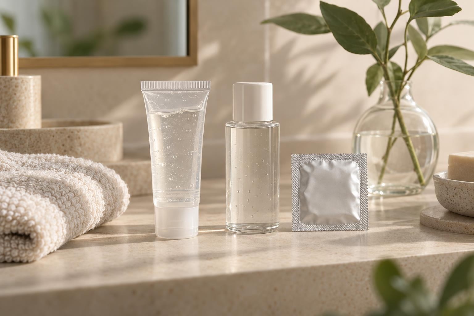Lubrifiants et préservatif posés sur une étagère de salle de bain dans une ambiance douce