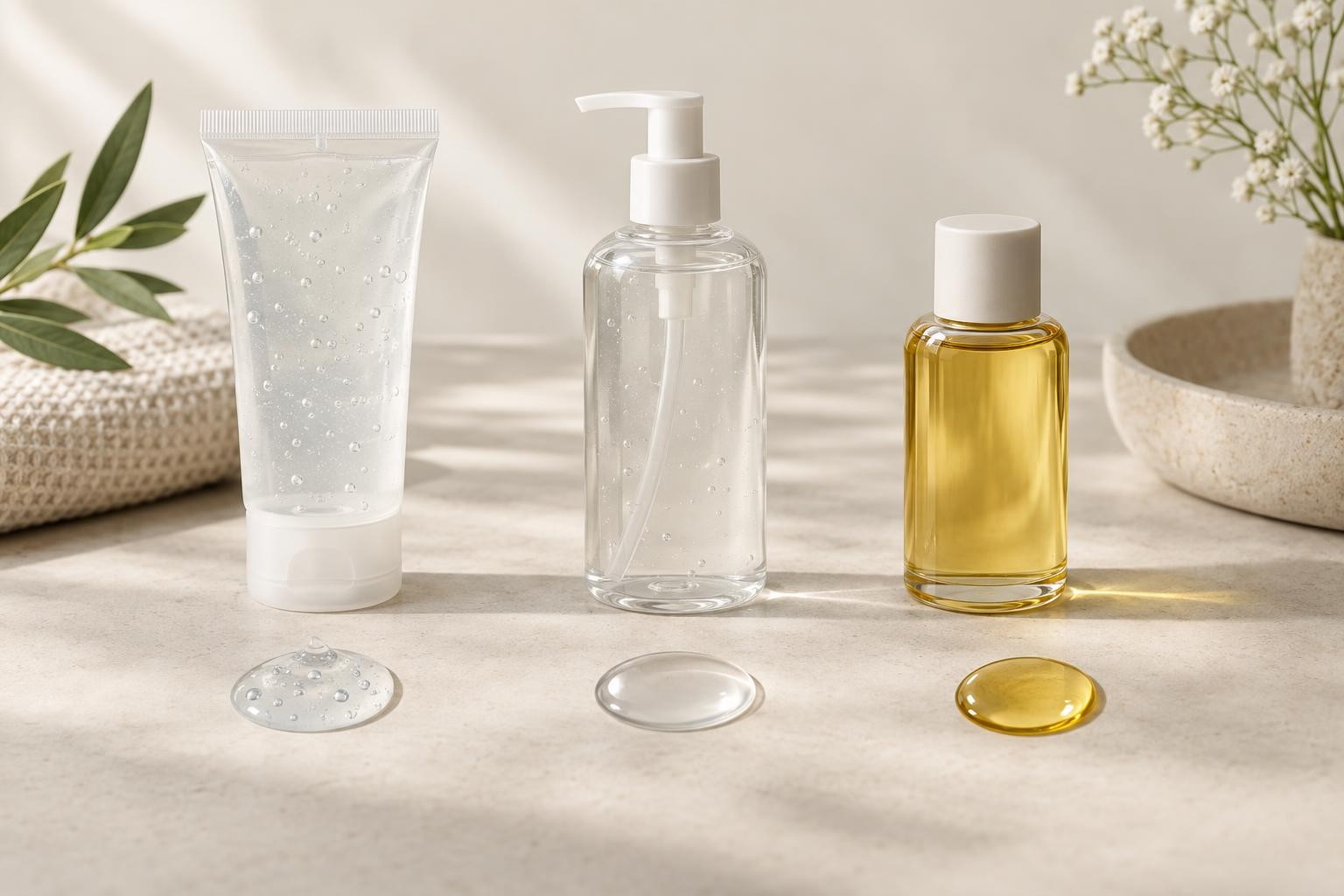 Trois textures de lubrifiant illustrées par des gels transparents et une huile dorée