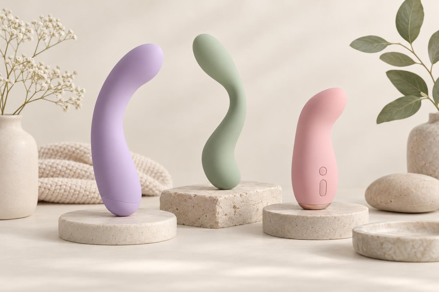 Trois formes de vibromasseurs point G aux courbes et commandes différentes