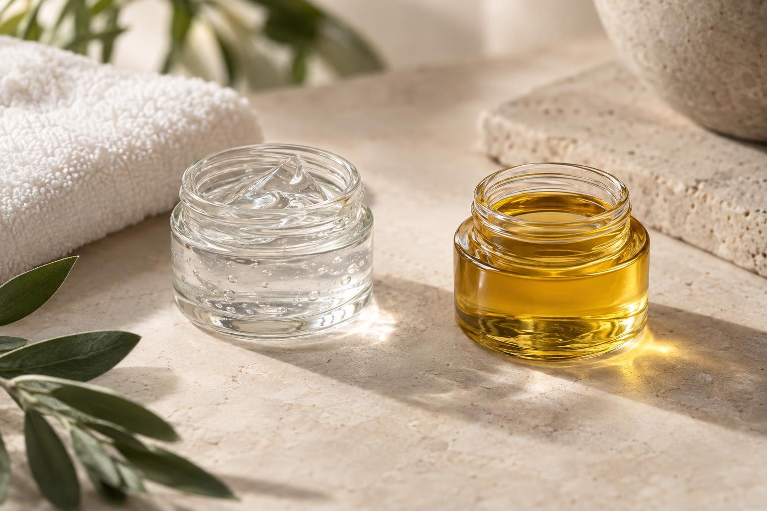 Deux textures de lubrifiant présentées séparément, un gel transparent et une huile dorée