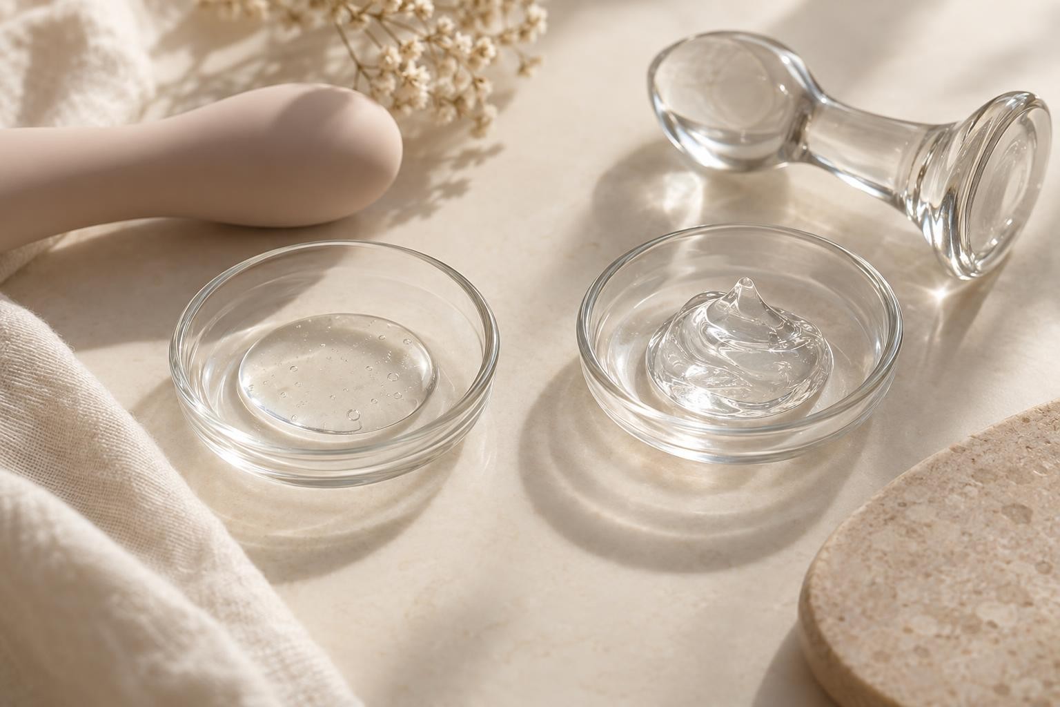 Deux textures de gel transparent illustrent les différences de consistance entre lubrifiants