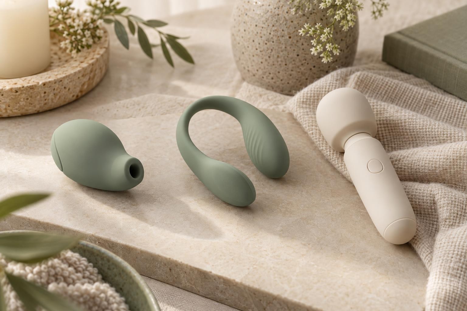 Différents formats de vibromasseurs pour couple posés sur une surface claire