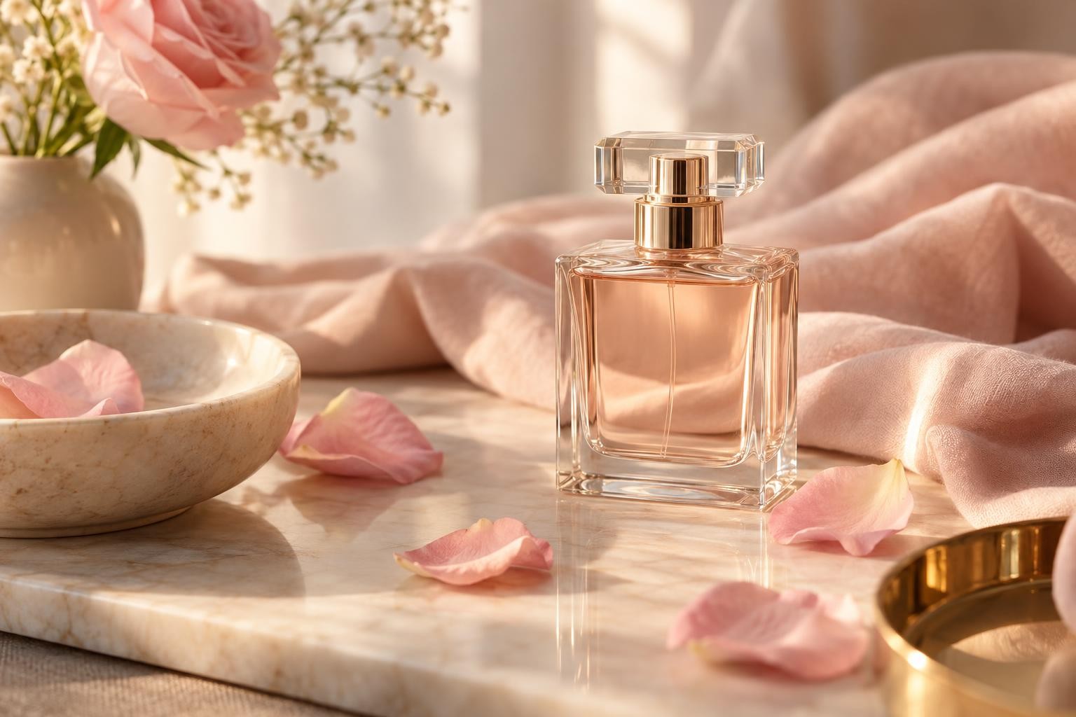 Flacon de parfum neutre posé sur un tissu doux, dans une ambiance élégante et discrète