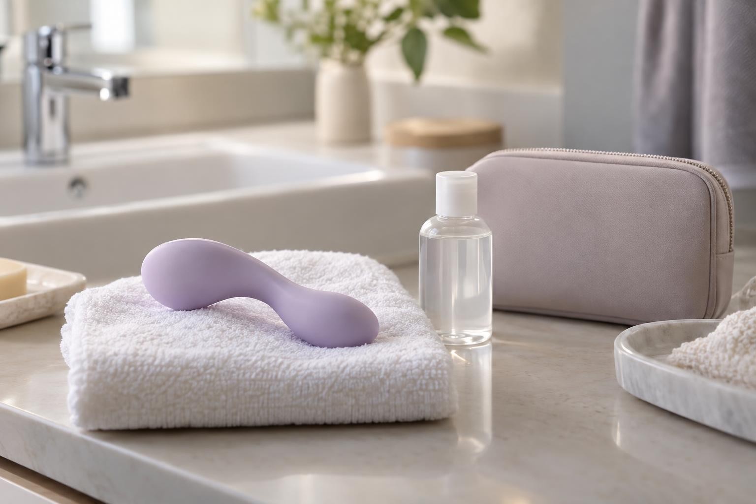 Accessoire intime, serviette propre et pochette de rangement dans une salle de bain claire