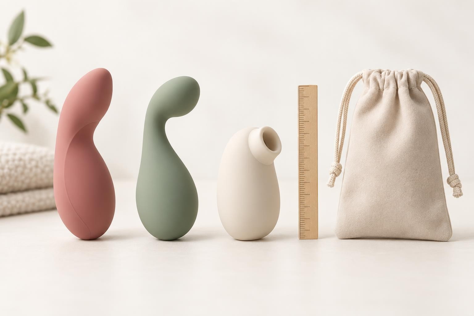 Différents formats compacts de vibromasseurs présentés à côté d’une pochette de rangement