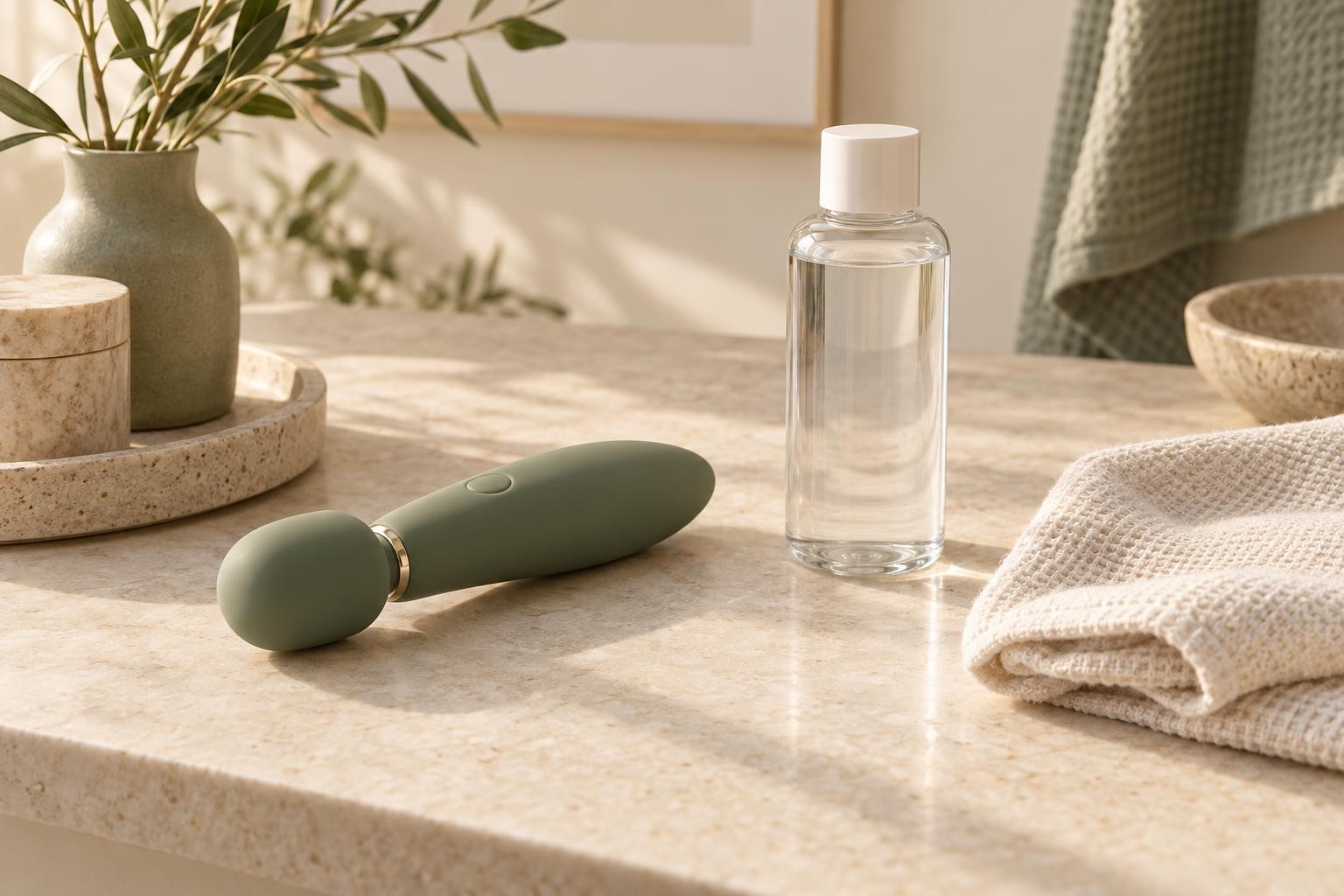 Mini vibromasseur et flacon de lubrifiant posés sur une surface claire pour évoquer le confort et l’entretien