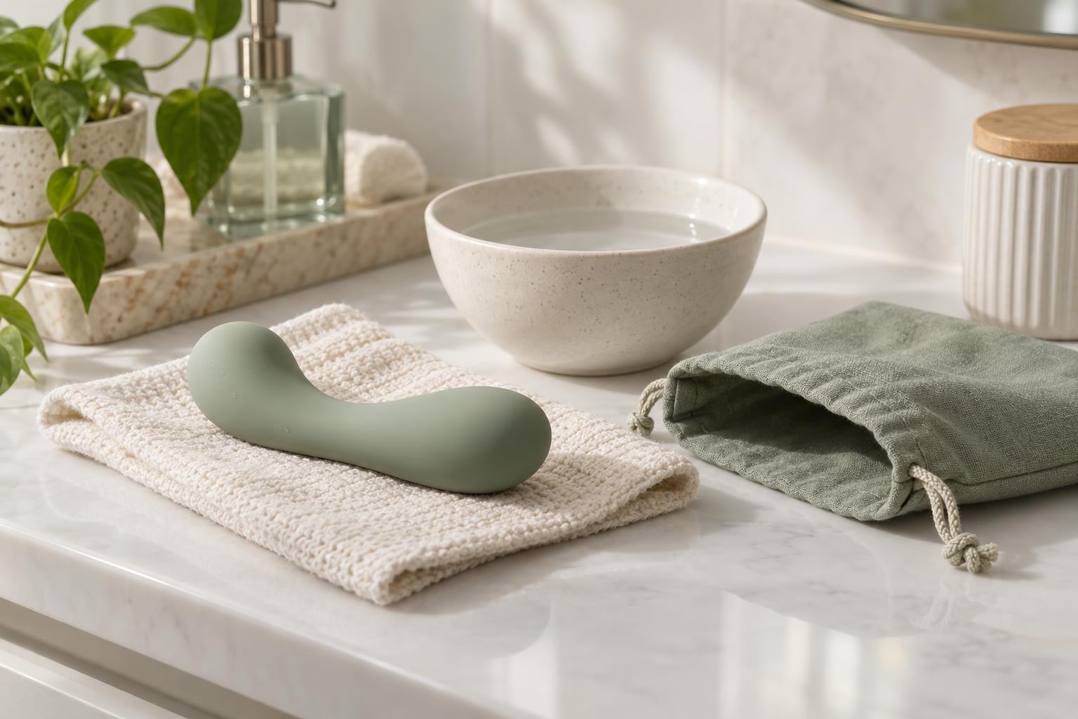 Accessoire intime générique, linge propre et pochette de rangement dans une salle de bain claire